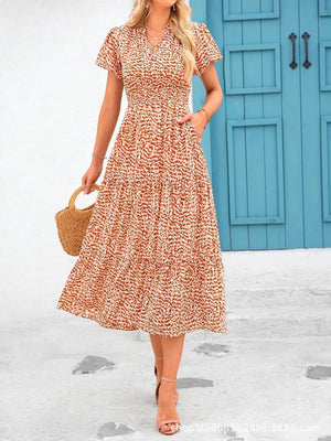 V - neck bubble pleated print short - sleeved pocket dress - Negative Apparel