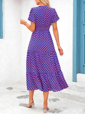 V - neck bubble pleated print short - sleeved pocket dress - Negative Apparel