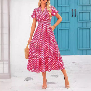 V - neck bubble pleated print short - sleeved pocket dress - Negative Apparel