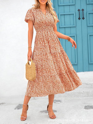 V - neck bubble pleated print short - sleeved pocket dress - Negative Apparel