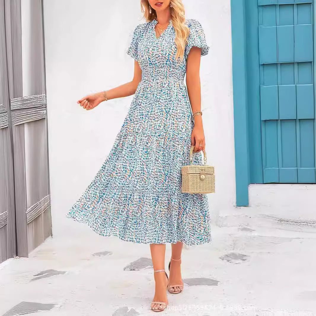 V - neck bubble pleated print short - sleeved pocket dress - Negative Apparel