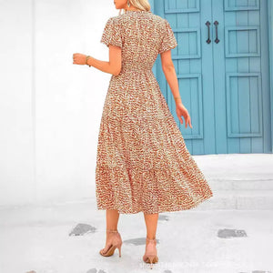 V - neck bubble pleated print short - sleeved pocket dress - Negative Apparel