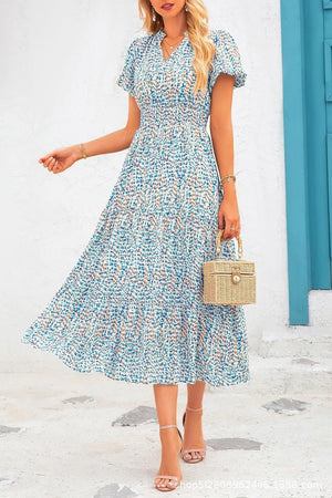 V - neck bubble pleated print short - sleeved pocket dress - Negative Apparel