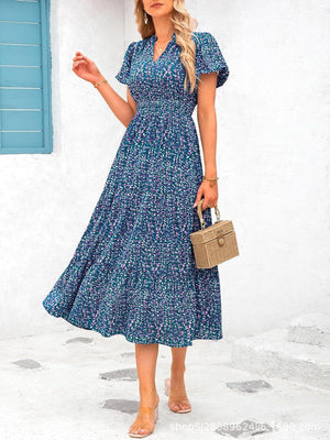 V - neck bubble pleated print short - sleeved pocket dress - Negative Apparel