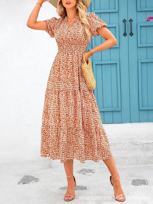 V - neck bubble pleated print short - sleeved pocket dress - Negative Apparel