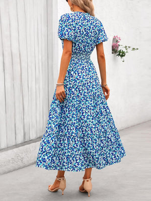 V - neck bubble pleated print short - sleeved pocket dress - Negative Apparel