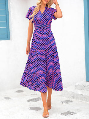 V - neck bubble pleated print short - sleeved pocket dress - Negative Apparel