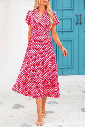 V - neck bubble pleated print short - sleeved pocket dress - Negative Apparel