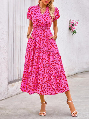 V - neck bubble pleated print short - sleeved pocket dress - Negative Apparel