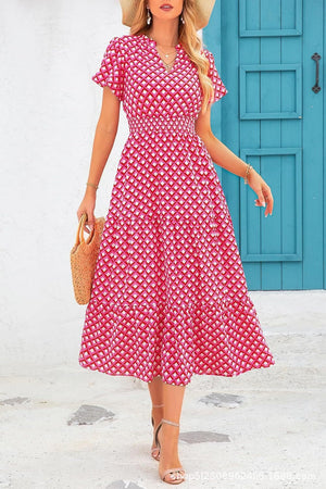 V - neck bubble pleated print short - sleeved pocket dress - Negative Apparel