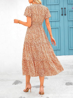 V - neck bubble pleated print short - sleeved pocket dress - Negative Apparel