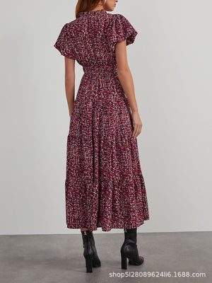 V - neck bubble pleated print short - sleeved pocket dress - Negative Apparel