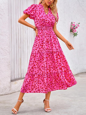 V - neck bubble pleated print short - sleeved pocket dress - Negative Apparel