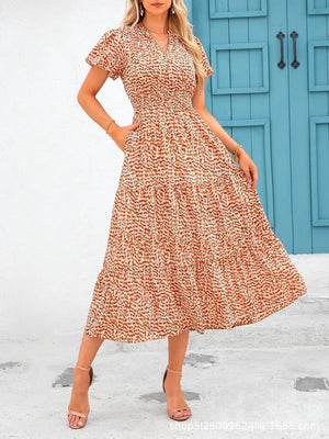 V - neck bubble pleated print short - sleeved pocket dress - Negative Apparel