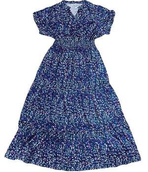 V - neck bubble pleated print short - sleeved pocket dress - Negative Apparel