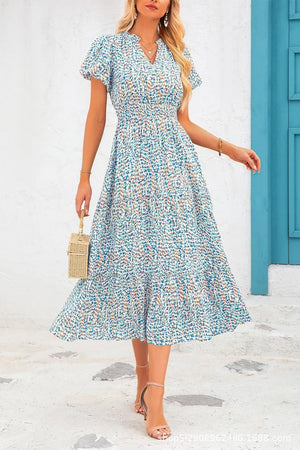 V - neck bubble pleated print short - sleeved pocket dress - Negative Apparel