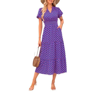 V - neck bubble pleated print short - sleeved pocket dress - Negative Apparel