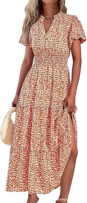 V - neck bubble pleated print short - sleeved pocket dress - Negative Apparel