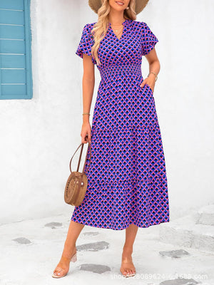 V - neck bubble pleated print short - sleeved pocket dress - Negative Apparel