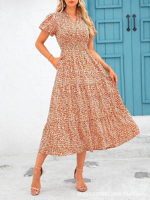 V - neck bubble pleated print short - sleeved pocket dress - Negative Apparel