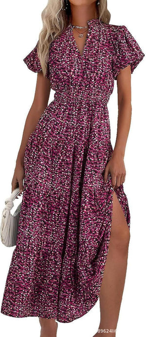 V - neck bubble pleated print short - sleeved pocket dress - Negative Apparel