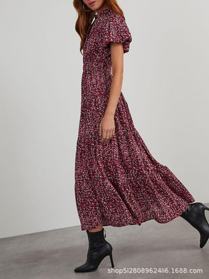 V - neck bubble pleated print short - sleeved pocket dress - Negative Apparel