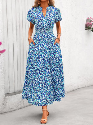 V - neck bubble pleated print short - sleeved pocket dress - Negative Apparel