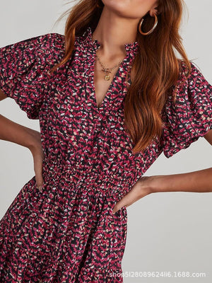 V - neck bubble pleated print short - sleeved pocket dress - Negative Apparel