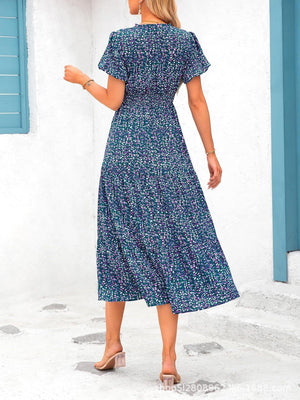 V - neck bubble pleated print short - sleeved pocket dress - Negative Apparel