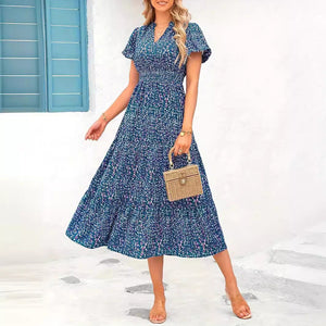 V - neck bubble pleated print short - sleeved pocket dress - Negative Apparel