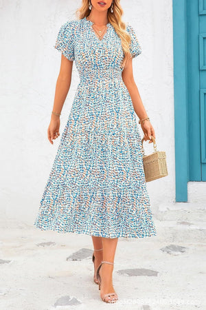 V - neck bubble pleated print short - sleeved pocket dress - Negative Apparel