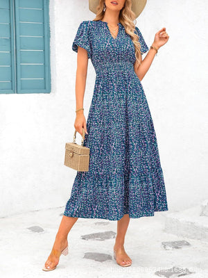 V - neck bubble pleated print short - sleeved pocket dress - Negative Apparel