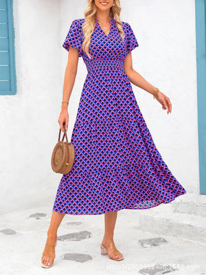 V - neck bubble pleated print short - sleeved pocket dress - Negative Apparel