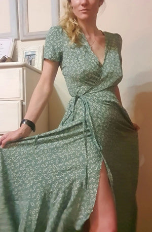 V - neck Cardigan Tie Short Sleeve Bohemian Swing Holiday Dress - Negative Apparel