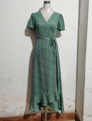 V - neck Cardigan Tie Short Sleeve Bohemian Swing Holiday Dress - Negative Apparel