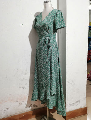 V - neck Cardigan Tie Short Sleeve Bohemian Swing Holiday Dress - Negative Apparel