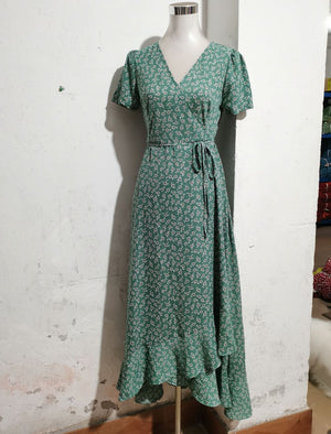 V - neck Cardigan Tie Short Sleeve Bohemian Swing Holiday Dress - Negative Apparel