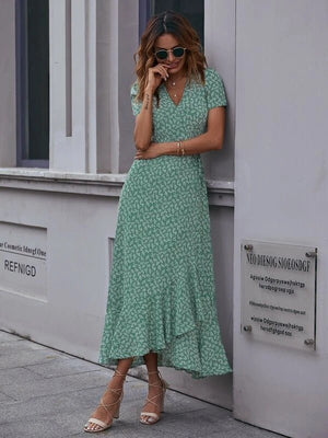 V - neck Cardigan Tie Short Sleeve Bohemian Swing Holiday Dress - Negative Apparel