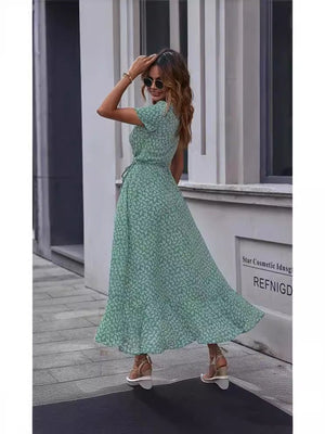 V - neck Cardigan Tie Short Sleeve Bohemian Swing Holiday Dress - Negative Apparel