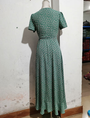 V - neck Cardigan Tie Short Sleeve Bohemian Swing Holiday Dress - Negative Apparel