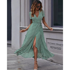 V - neck Cardigan Tie Short Sleeve Bohemian Swing Holiday Dress - Negative Apparel