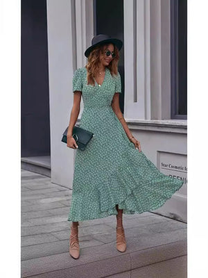 V - neck Cardigan Tie Short Sleeve Bohemian Swing Holiday Dress - Negative Apparel