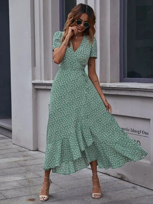 V - neck Cardigan Tie Short Sleeve Bohemian Swing Holiday Dress - Negative Apparel