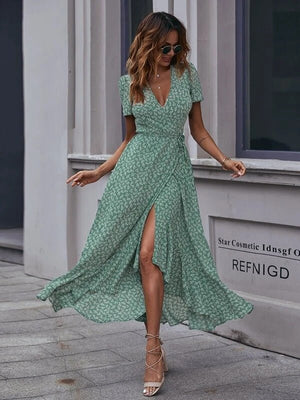 V - neck Cardigan Tie Short Sleeve Bohemian Swing Holiday Dress - Negative Apparel