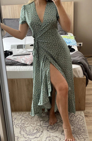 V - neck Cardigan Tie Short Sleeve Bohemian Swing Holiday Dress - Negative Apparel