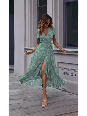 V - neck Cardigan Tie Short Sleeve Bohemian Swing Holiday Dress - Negative Apparel