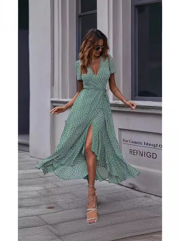 V - neck Cardigan Tie Short Sleeve Bohemian Swing Holiday Dress - Negative Apparel