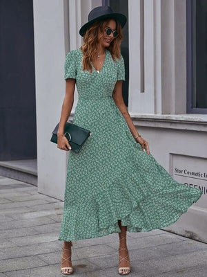 V - neck Cardigan Tie Short Sleeve Bohemian Swing Holiday Dress - Negative Apparel