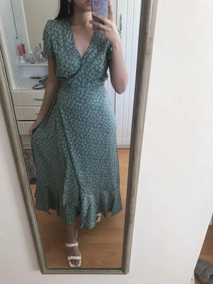 V - neck Cardigan Tie Short Sleeve Bohemian Swing Holiday Dress - Negative Apparel