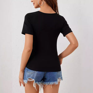 V - neck diamond pendant zipper solid color short - sleeved T-shirt - Negative Apparel